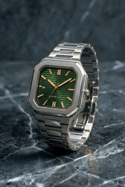 Men’s Square Dial Stainless Steel Watch with Green Dial & Silver Metal Bracelet