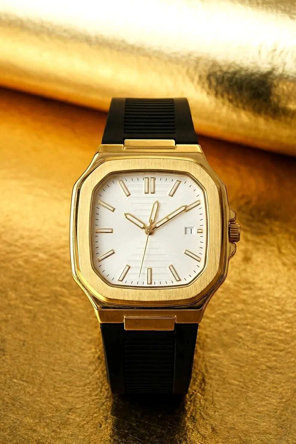 Men’s Luxury Gold-Tone Square Dial Watch with White Face & Black Rubber Strap