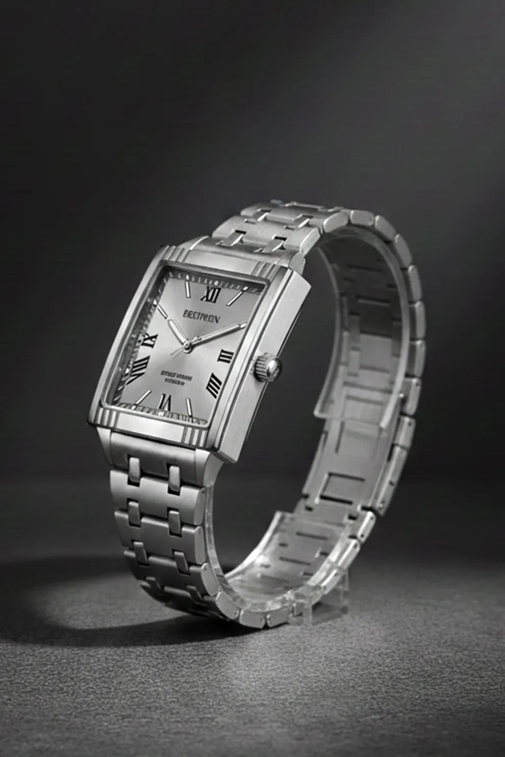 Men’s Square Dial Stainless Steel Watch – Silver Dial Roman Numerals