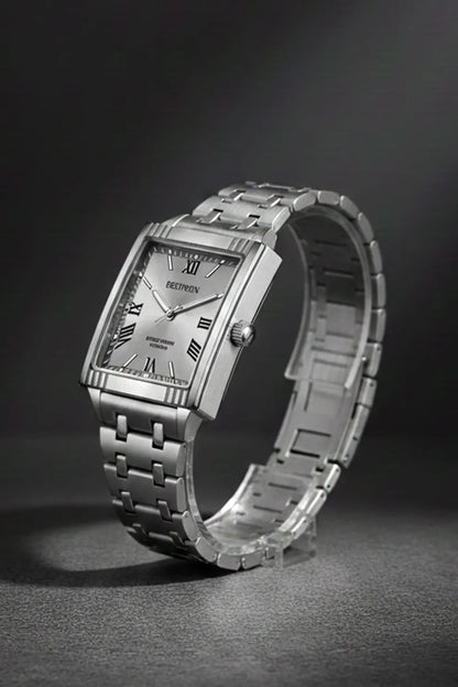Men’s Square Dial Stainless Steel Watch – Silver Dial Roman Numerals