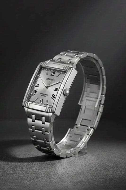 Men’s Square Dial Stainless Steel Watch – Silver Dial Roman Numerals