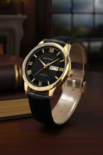 Men’s Classic Watch with Black Dial, Gold Bezel & Black Leather Strap