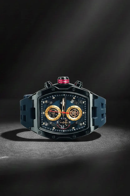 Men’s Square Dial Chronograph Watch with Blue Silicone Strap & Gold Accents