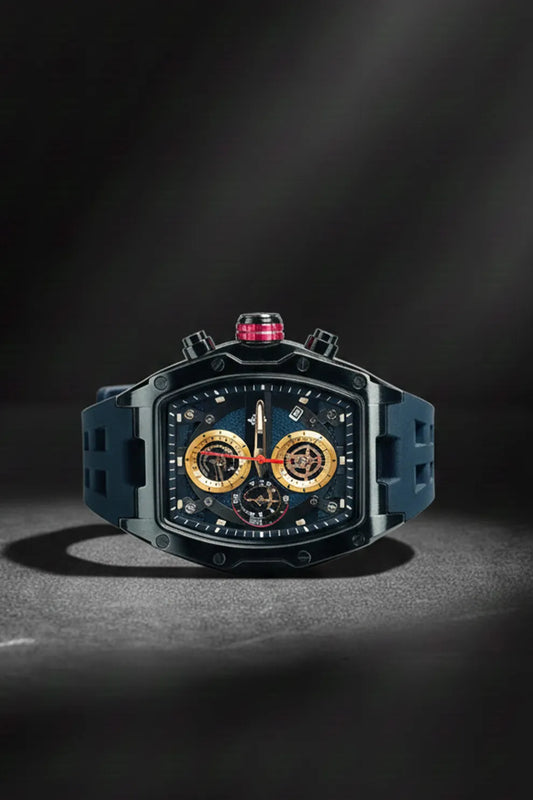 Men’s Square Dial Chronograph Watch with Blue Silicone Strap & Gold Accents