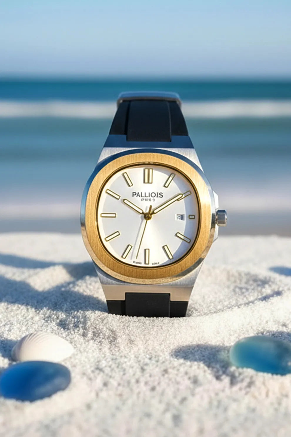 Men’s Silver Case Watch with White Dial, Gold Bezel & Black Silicone Strap