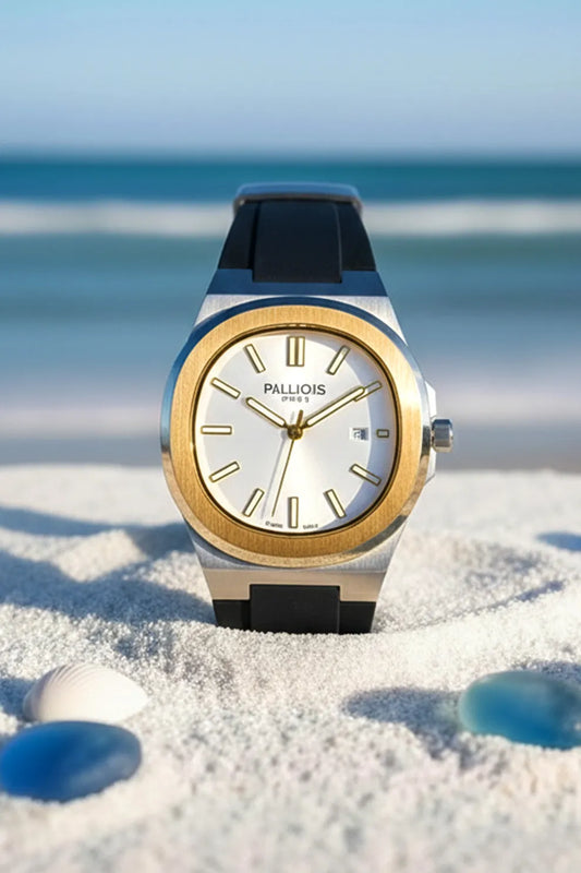 Men’s Silver Case Watch with White Dial, Gold Bezel & Black Silicone Strap