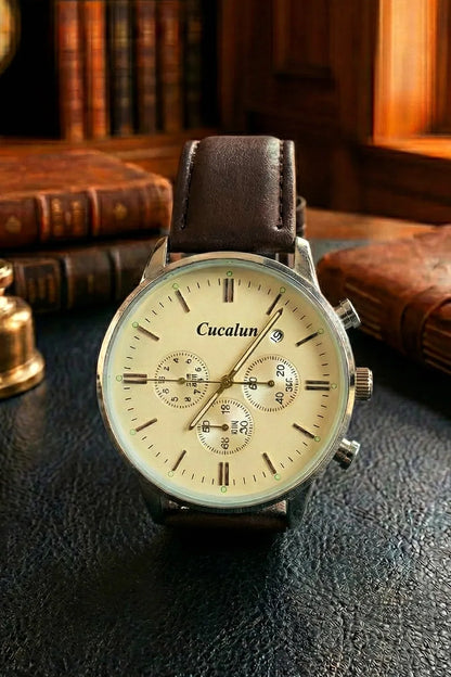 Men’s Classic Chronograph Watch with Cream Dial & Dark Brown Leather Strap