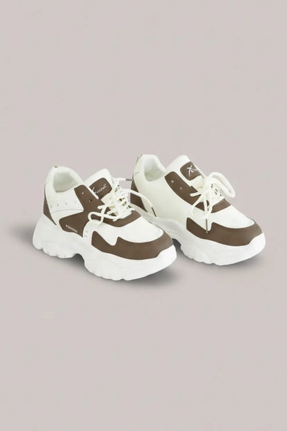 Women's White & Brown Chunky Lace-Up Sneakers – Everyday Comfort Shoes