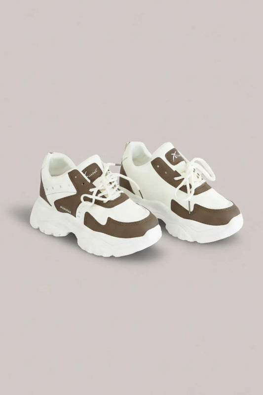 Women's White & Brown Chunky Lace-Up Sneakers – Everyday Comfort Shoes