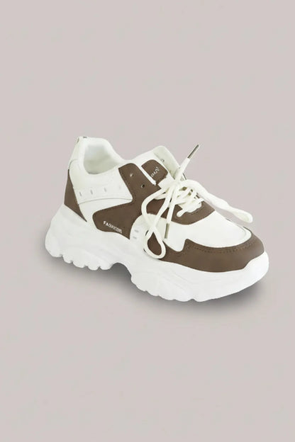 Women's White & Brown Chunky Lace-Up Sneakers – Everyday Comfort Shoes