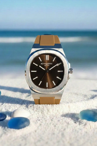 Men’s Silver Case Watch with Brown Dial & Tan Silicone Strap
