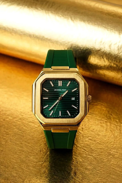 Men’s Luxury Gold-Tone Square Dial Watch with Deep Green Face & Green Rubber Strap