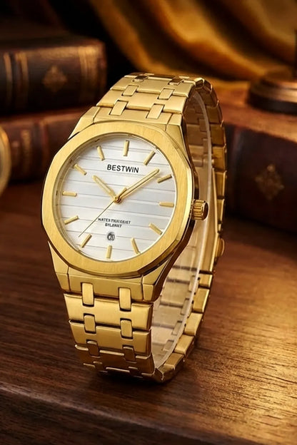 Men’s Gold Stainless Steel Analog Watch – White Dial Classic Style