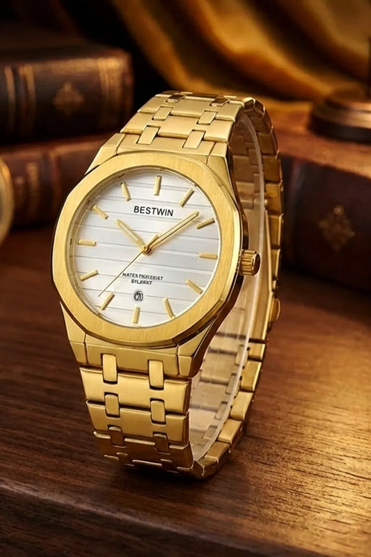 Men’s Gold Stainless Steel Analog Watch – White Dial Classic Style