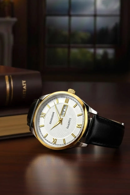 Men’s Classic Watch with White Dial, Gold Bezel & Black Leather Strap
