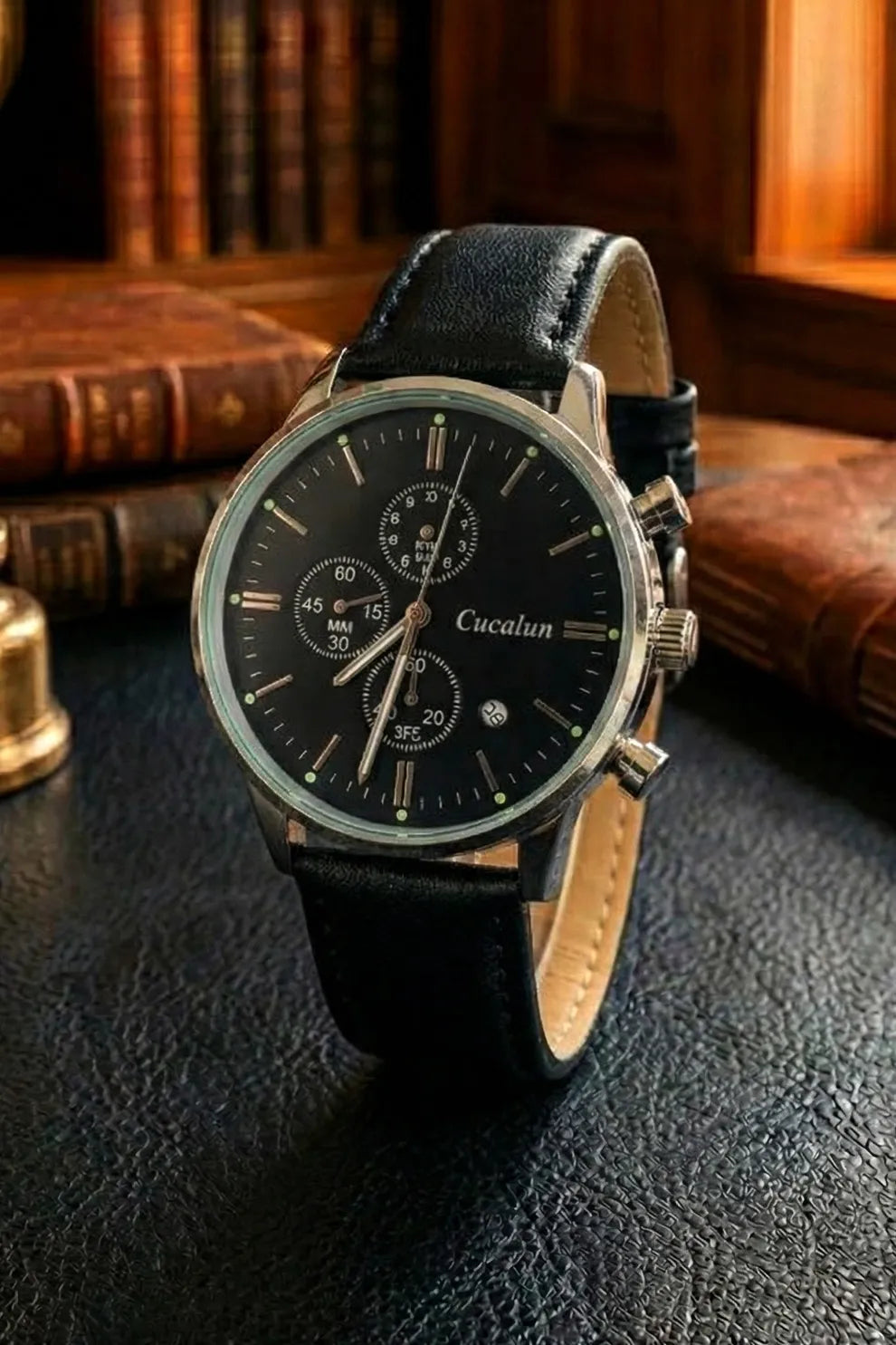Men’s Classic Chronograph Watch with Black Dial & Black Leather Strap