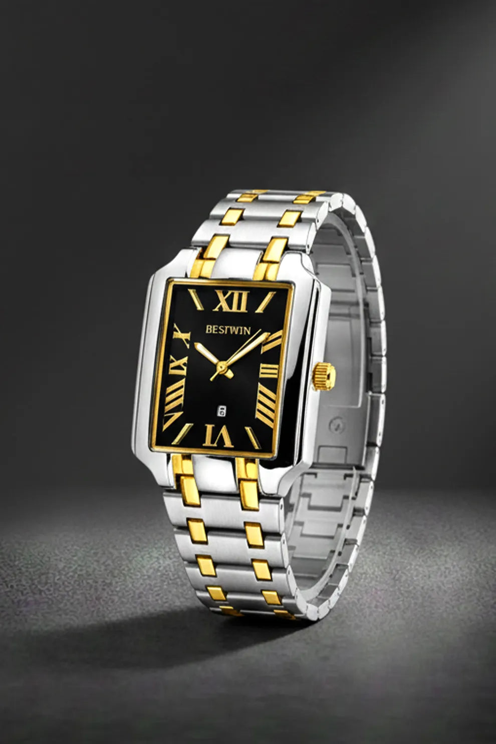 Men’s Square Dial Stainless Steel Watch – Black Roman Numerals Two-Tone
