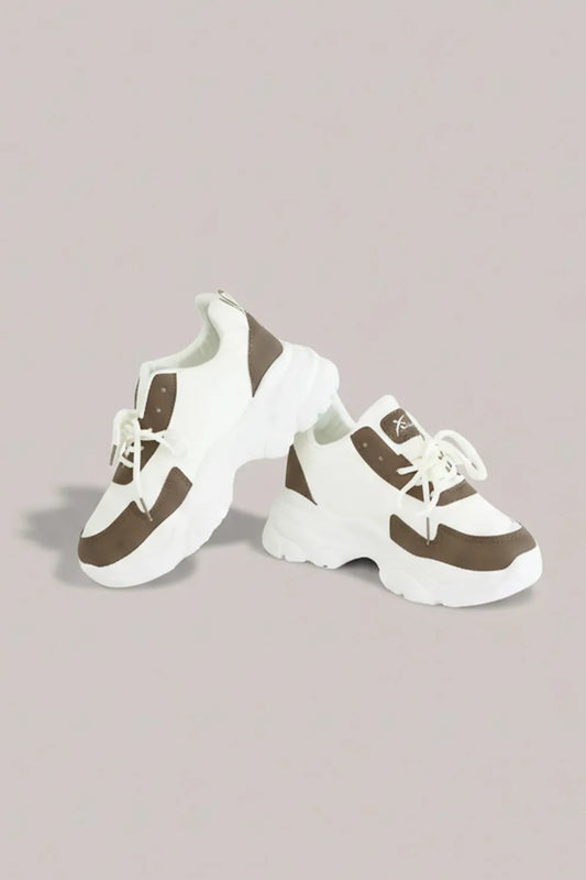 Women's White & Brown Chunky Lace-Up Sneakers – Everyday Comfort Shoes