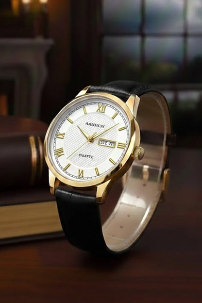 Men’s Classic Watch with White Dial, Gold Bezel & Black Leather Strap