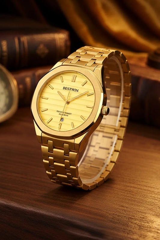 Men’s Gold Stainless Steel Analog Watch – Gold Dial Luxury Style
