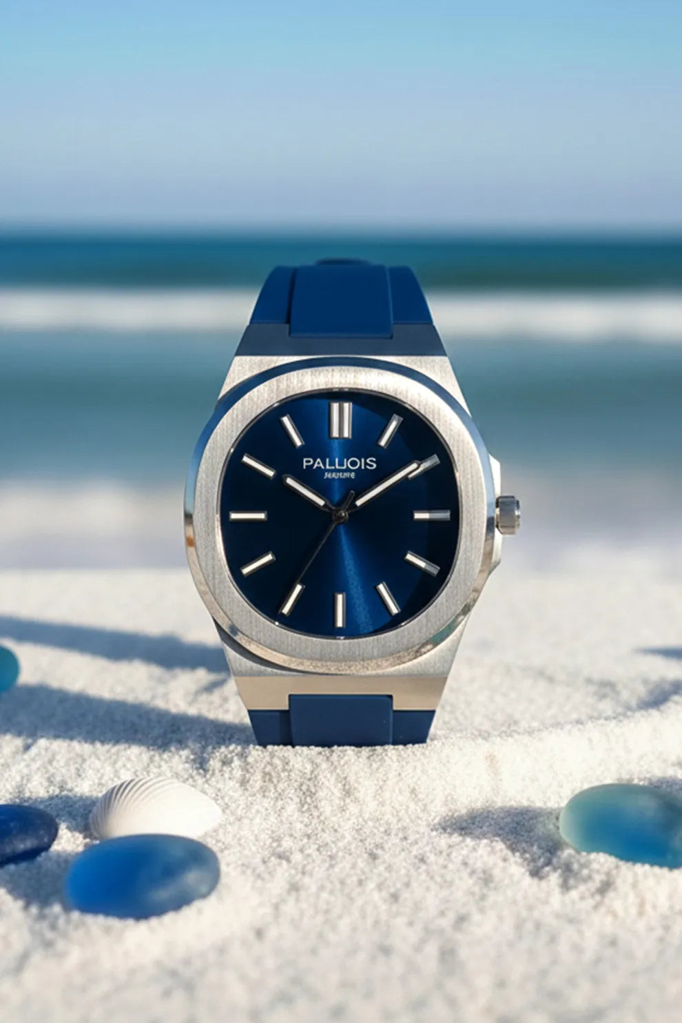 Men’s Silver Case Watch with Deep Blue Dial & Blue Silicone Strap