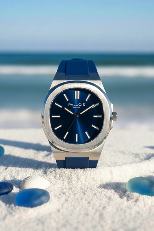 Men’s Silver Case Watch with Deep Blue Dial & Blue Silicone Strap