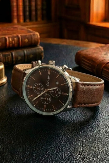 Men’s Classic Chronograph Watch with Black Dial, Silver Case & Brown Leather Strap