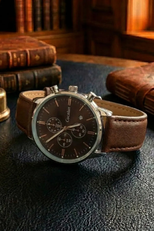 Men’s Classic Chronograph Watch with Black Dial, Silver Case & Brown Leather Strap