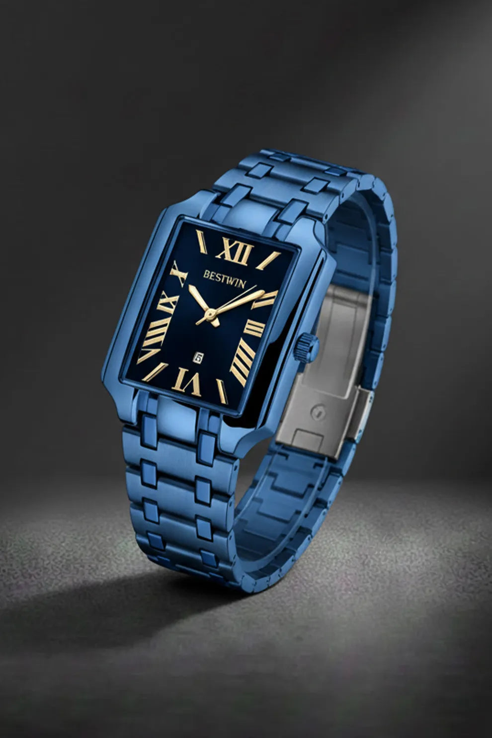 Men’s Square Dial Stainless Steel Watch – Blue Dial Roman Numerals