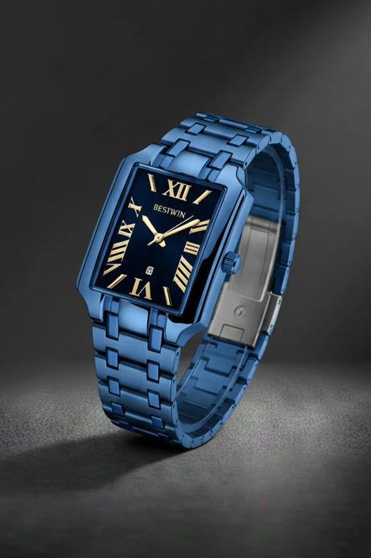 Men’s Square Dial Stainless Steel Watch – Blue Dial Roman Numerals