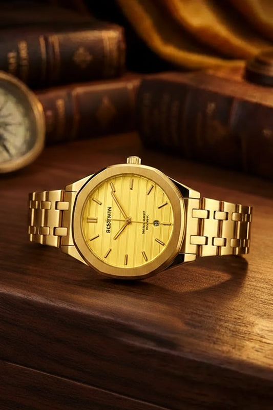 Men’s Gold Stainless Steel Analog Watch – Gold Dial Luxury Style