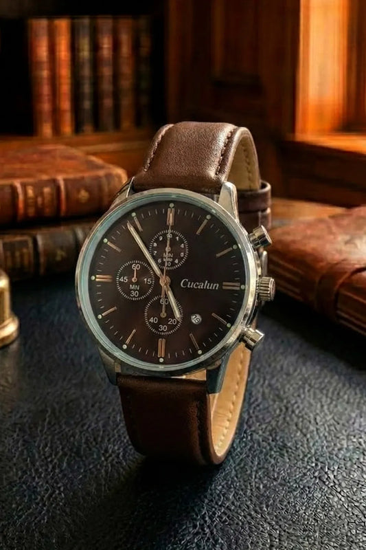 Men’s Classic Chronograph Watch with Black Dial, Silver Case & Brown Leather Strap