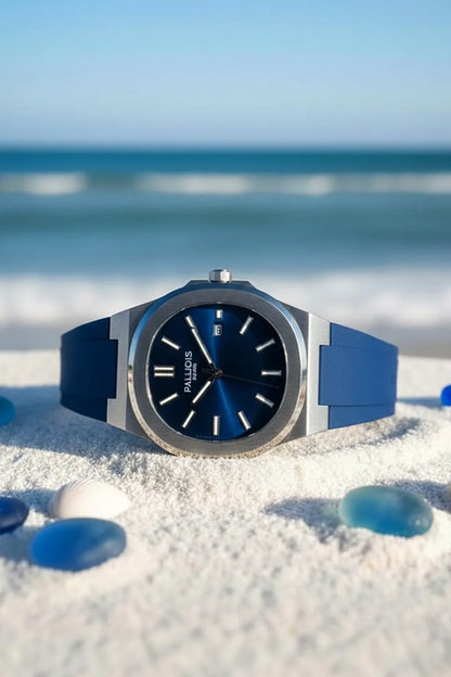 Men’s Silver Case Watch with Deep Blue Dial & Blue Silicone Strap