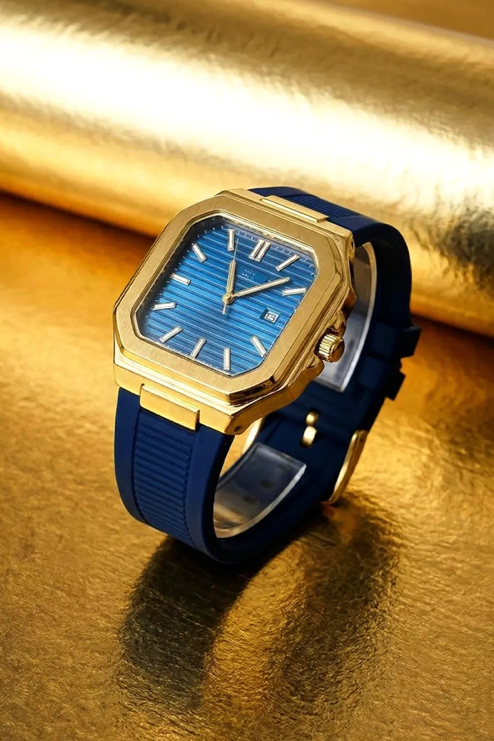Men’s Luxury Gold-Tone Square Dial Watch with Royal Blue Face & Blue Rubber Strap