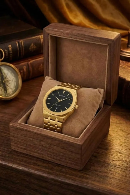 Men’s Gold Stainless Steel Analog Watch – Black Dial Classic Design