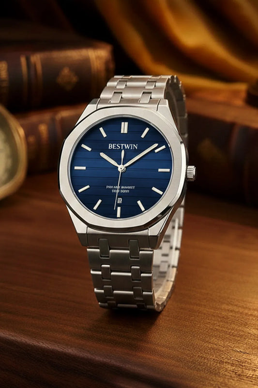 Men’s Silver Stainless Steel Analog Watch – Blue Dial Classic Design