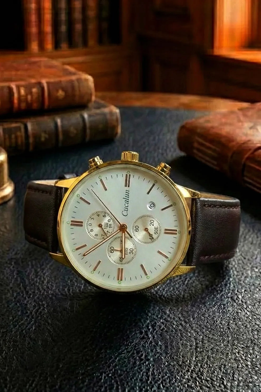 Men’s Classic Chronograph Watch with White Dial, Gold Case & Black Leather Strap