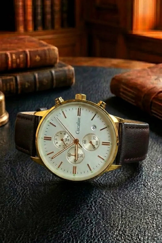 Men’s Classic Chronograph Watch with White Dial, Gold Case & Black Leather Strap
