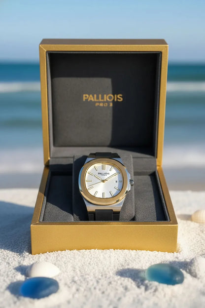 Men’s Silver Case Watch with White Dial, Gold Bezel & Black Silicone Strap