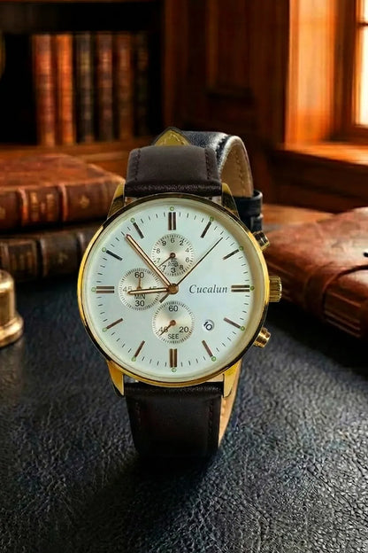 Men’s Classic Chronograph Watch with White Dial, Gold Case & Black Leather Strap