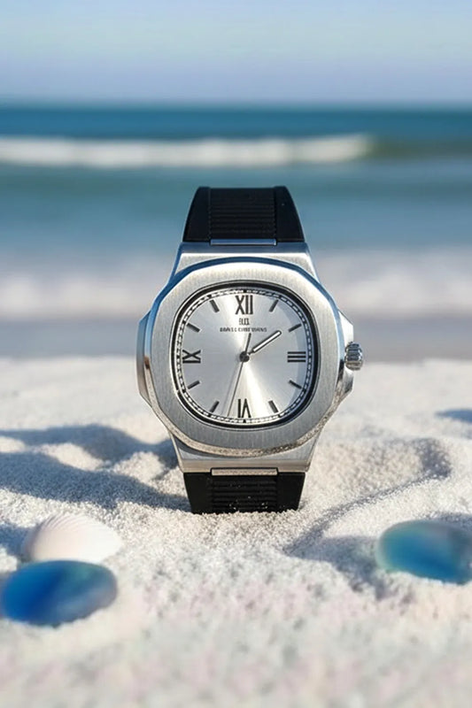 Men’s Silver Case Watch with Silver Dial & Black Silicone Strap