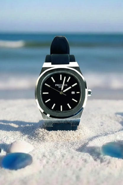 Men’s Silver Case Watch with Black Dial & Black Silicone Strap