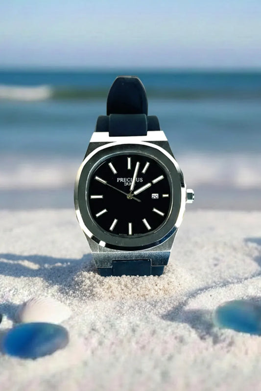 Men’s Silver Case Watch with Black Dial & Black Silicone Strap