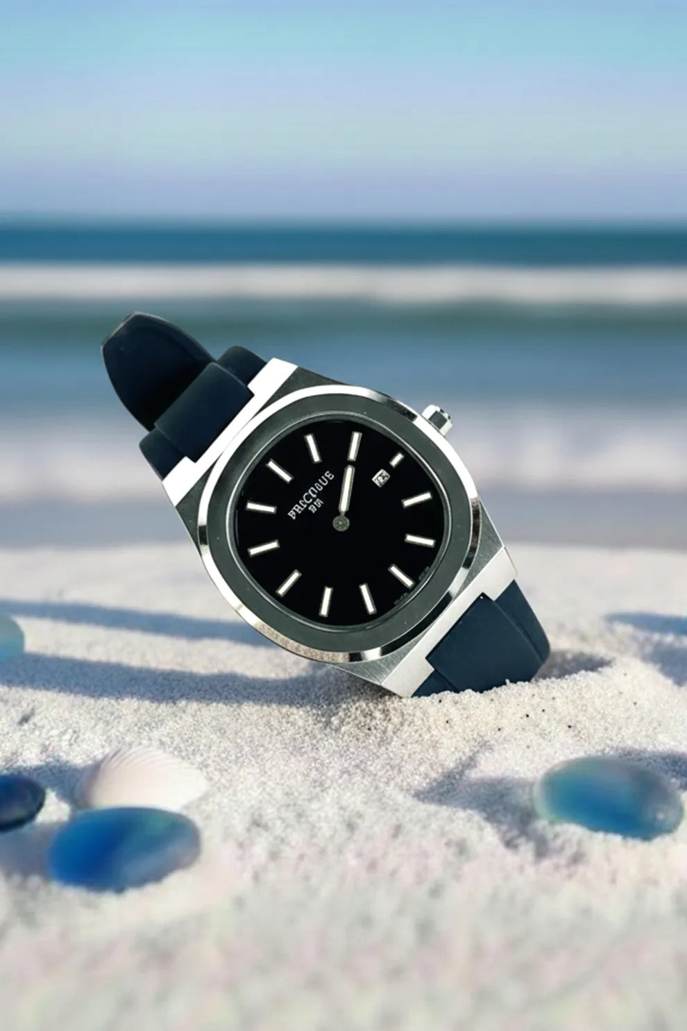 Men’s Silver Case Watch with Black Dial & Black Silicone Strap