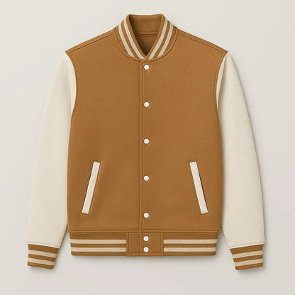 Baseball Jacket – Camel Brown & Off-White, Warmth Meets Modern Contrast