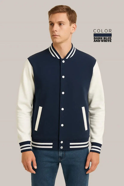 Baseball Jacket – Dark Blue & White, Classic Contrast with Bold Appeal
