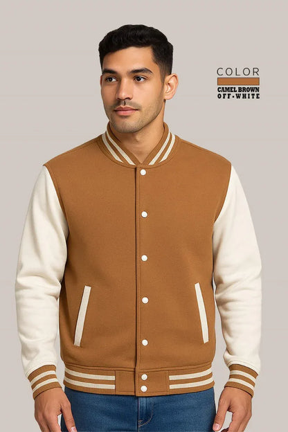 Baseball Jacket – Camel Brown & Off-White, Warmth Meets Modern Contrast