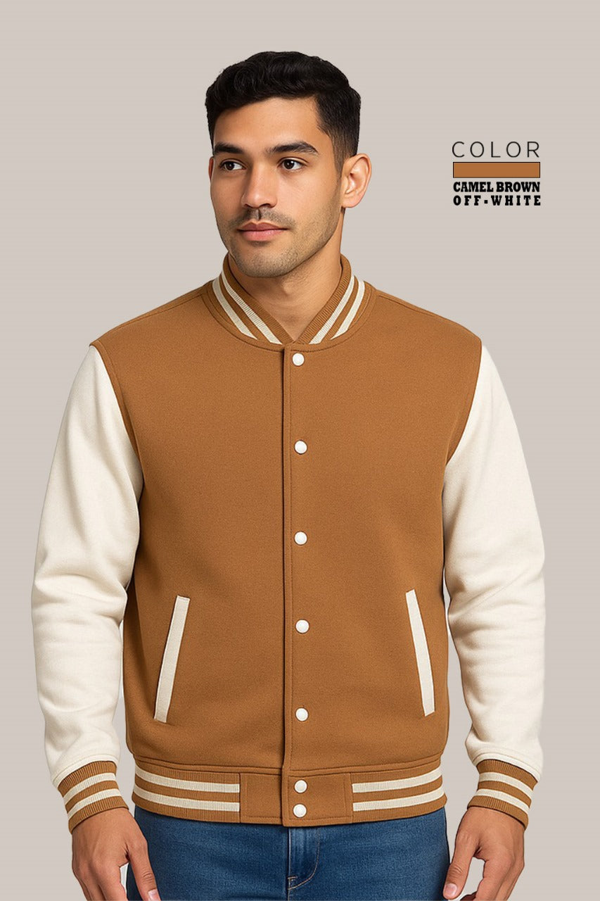 Baseball Jacket – Camel Brown & Off-White, Warmth Meets Modern Contrast
