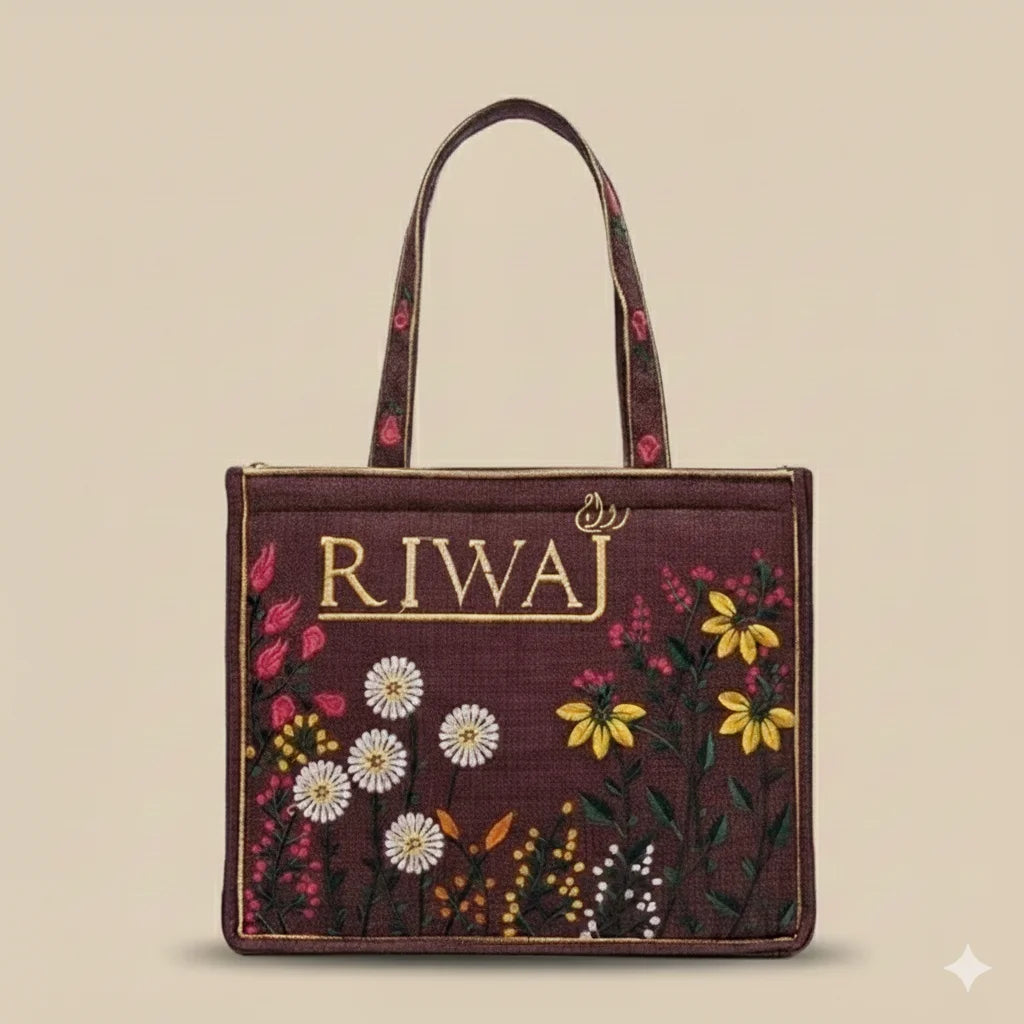 The Heritage Collection: Maroon "Riwaj" & "Sookhri" Embroidered Jute-Style Tote Bags