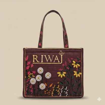 The Heritage Collection: Maroon "Riwaj" & "Sookhri" Embroidered Jute-Style Tote Bags